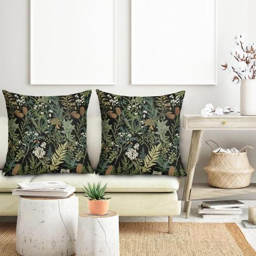 Black Green Botanical Pillow Covers 18x18 Inch Dark Green Flower Vintage Plant Throw Pillows for Couch Farmhouse Cushion Covers Spring Summer Leaf Floral Pillow Cases for Bed Patio Outdoor Decor Set 2