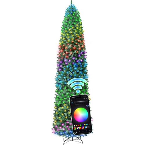 HOLLO STAR 9 ft Prelit Christmas Tree with 546 LED Lights, App Control, Artificial Pencil Christmas Tree with Multi-Color RGBW Lights, 1290 Branch Tips, Skinny Xmas Tree, Metal Base, for Home, Party