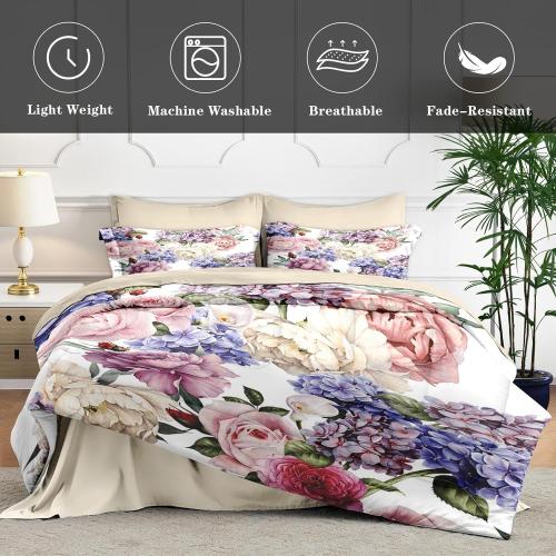 7 Pcs King Size Comforter Set with 2 Pillowcases & 2 Shams, Floral Flower Peony Bedding for Kids and Adults, Botanical Painting Hydrangea Bed in a Bag with Flat Fitted Sheet