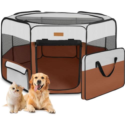 Dog Playpen, Portable Pet Play Pen for Cat, Puppies, Rabbits, Chickens, Foldable Large-Capacity Pet Tent for Indoor/Outdoor Travel Camping Brown