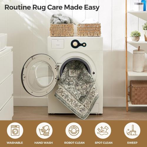 WITSHOCK 2x10 Long Runner Rug for Hallway: Washable Distressed Boho Low Pile Stain Resistant Foldable Carpet for Bedroom Kitchen Entryway Indoor Entrance, Oriental Farmhouse Floor Rug, Brown/Lvory