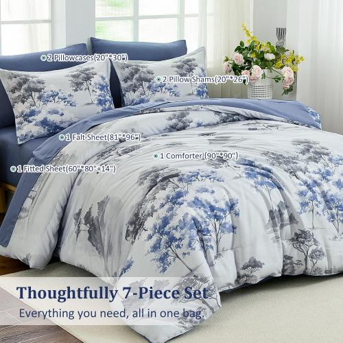 Dinjoy Comforter Set, Flower Bedding Sets with Comforter, Fitted & Flat Sheets, Pillowcases & Pillow Shams