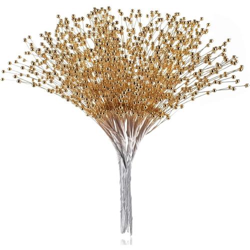 50pcs Beaded Stick Bride Wedding Pearl Bouquet Party Decoration, Christmas Decorations, 4mm Pearl Bouquet Christmas Flower, Christmas Tree Picks and Sprays (Gold) | 4mm faux pearl bead sprays, about 9.8 inches long, for gold wedding centerpieces, floral arrangements and Christmas trees