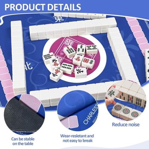 Mahjong Mat (33x33) with 6 Mahjong Playing Instructions,4Tile Mixer,4Dice & Carrying Bag,Non-Slip and Silent Travel Mahjong Set for Mahjong/Poker/Board Games/Card Games/Dominoes (Blue-1)