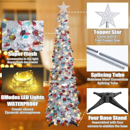 HMASYO 5 FT Pop Up Christmas Tree with Timer Lights, Silver Christmas Tinsel Tree, Collapsible Artificial Pencil Christmas Tree for Indoor Home Apartment Porch Holiday Party Decorations