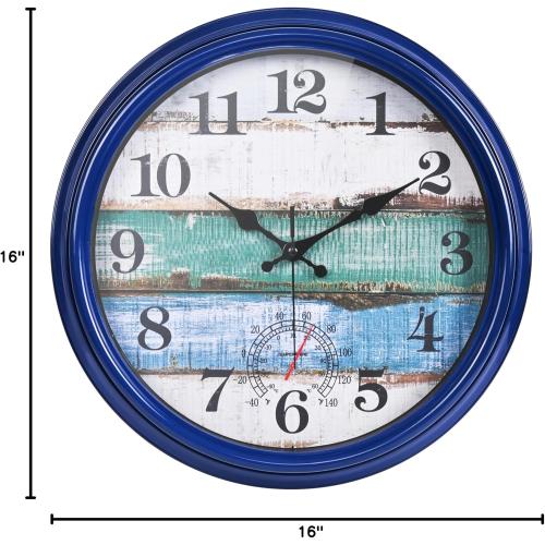 Large Outdoor Clock Waterproof with Thermometer Vintage Rustic Coastal Clock for Pool Garden Patio (16 Inch)