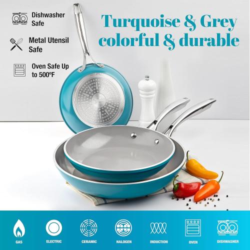 Gotham Steel 3 Piece Nonstick Ceramic Fry Pans Set, 8', 10' & 12', Nonstick Skillet Set, Omelet Pan, PFOA Free, Dishwasher Safe, Cool Touch Handle - silver