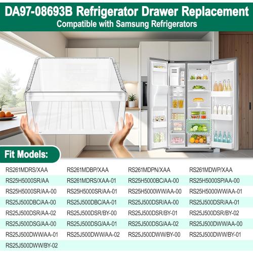 UPGRADED DA97-08693B Refrigerator Crisper Drawer Replacement Compatible with Samsung Fridge Crisper Drawer Parts RS25J500DSR RS25J500DSG DA97-08693A RS25H5000BC Upper Refrigerator Crisper Drawer Bin