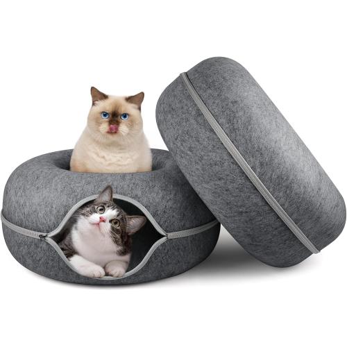 Size 24 x 24 x 11, Dark Grey, 2 PCS Tunnel Bed Peekaboo Cave for Multiple & Large Cats, Scratch Resistant, Washable & Detachable Round Felt Donut Tunnel up to 24 Lbs, 24 x 24 x 11, Dark Grey, 2 PCS
