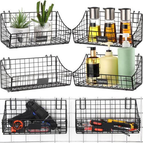 Blulu 4 Pcs Wire Wall Basket with Hooks, Black Metal Grid Hanging Storage Basket Wall Accessory for Home Supplies Kitchen Bathroom Pantry Garage(5 x 6 x 11 Inch)