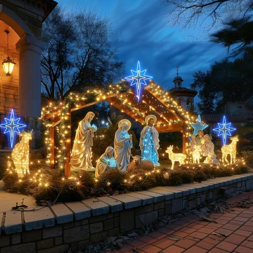 Large Bethlehem Star Motif Light 43-inch, Christmas Outdoor Decoration Waterproof LED Star Sign Super Bright, for Nativity Scenes Window Wall Front Door Roof Home Party, Blue&White