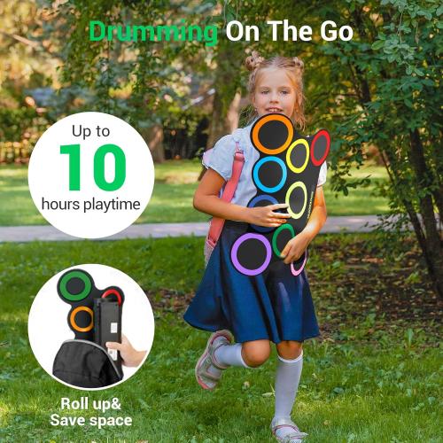 Electric Drum Set 9-Pad With Headphone, Bigger Roll-up Drum Pad USB MIDI Game, Built-in Speaker, Drum Sticks, Foot Pedals 10 Hours Playtime Holiday Xmas Birthday Gift for Kids