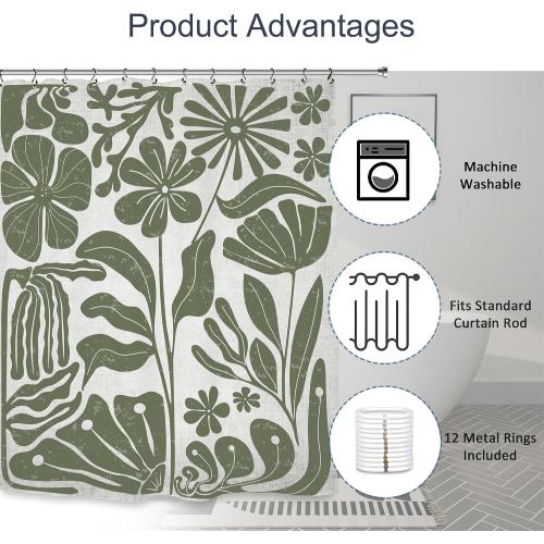 Sage Green Retro Matisse Flower Shower Curtain 60Wx72L Inch Vintage Aesthetic Minimalist Cute Art 70s Trendy Modern Bathroom Set Accessories Decor with 12 Pack Hooks