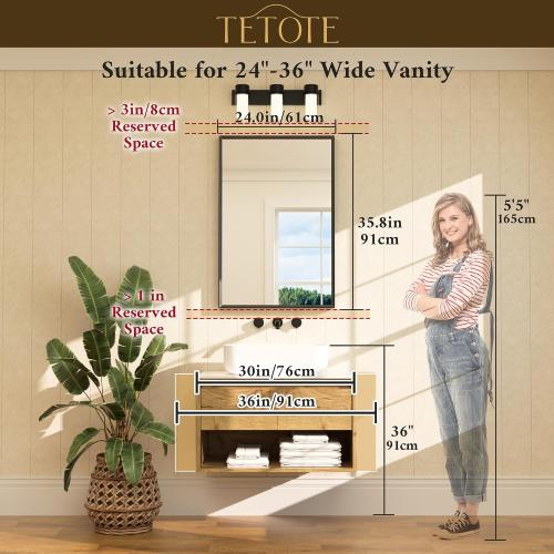 TETOTE Brushed Gold Mirror for Bathroom Sink 24 x 36 Beveled Frame Brushed Gold Brass Vanity Rectangle Mirror for Bathroom Wall, Modern Farmhouse, Tempered Glass, Stronger Frame