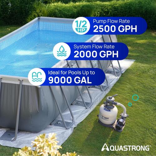 Grey AQUASTRONG Sand Filter Pump for Above Ground Pool with Timer, 1/2 HP Pool Pump Max 2500 GPH for Pools up to 9000GAL, 12in Pool Sand Filter with 6-Way Valve, Improved Circulation for Crystal-Clear Pool
