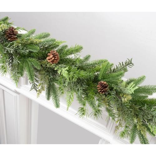 JOJOLEE 72inch Pre-Lit Christmas Garland with Timer Lights, Battery Operated Mixed PE Pine Greenery Garland with Natural Pine Cones, Realistic Evergreen Holiday Mantle Fireplace Stair Doorway Décor