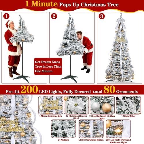6 Ft Flocked Pop up Christmas Tree,Prelit 200 LED Lights,Opens Instantly,Fully Decorated 80 Ornaments,8 Mode Warm White Light & Timer,Foldable Xmas Tree Fire-Resistant Collapsible Outdoor Indoor Decor