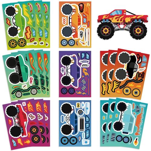 24 Sheets DIY Make a Face Monster Truck Stickers for Teens, Make Your Own Mixed & Matched with 8 Designed Characters(3 of Each) Sticker for Birthday Party Supplies Favors Class Reward (Monster Truck)