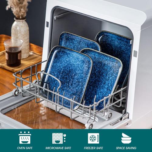 vancasso Stern Square Dinner Plates Set of 4, 7.5 Inch Dessert Plates, Reactive Change Glaze Blue Serving Pasta Salad Plate Dish, Scratch Resistant