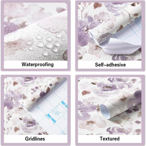 Toduso Peel and Stick Wallpaper Floral Wallpaper Purple/White Watercolor Contact Paper Self Adhesive Removable Wall Paper Shelves Liners Decorative Vinyl Roll 17.3''x196.8''