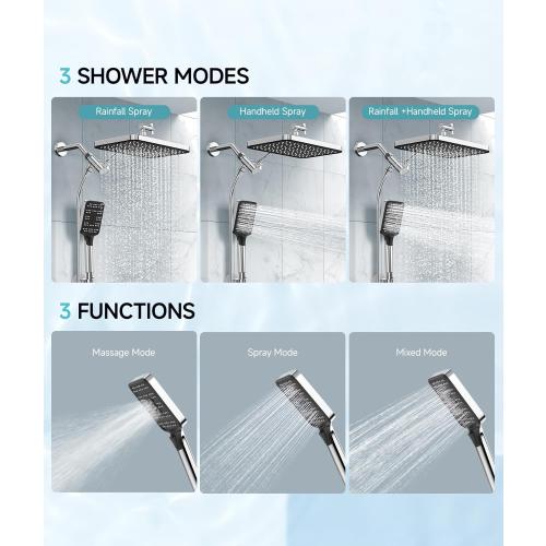 High Pressure Rain Shower Head with Handheld Spray Combo Set, Adjustable 12 Rainfall Dual Shower Head, Double&Tandem Shower Head, Waterfall Showerhead Bathroom -Silver Chrome