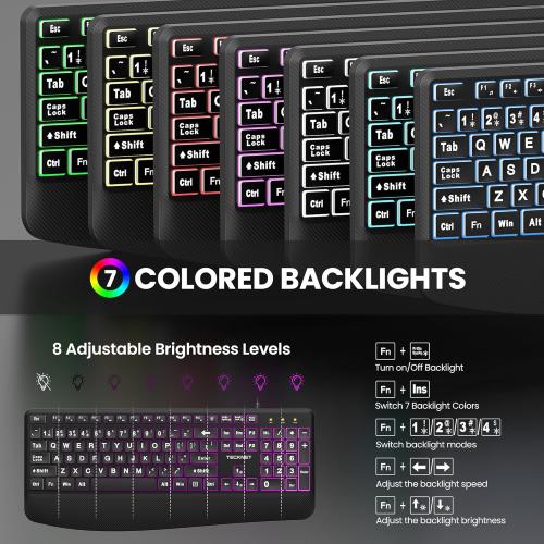 TECKNET Wired Keyboard and Mouse Combo, 7 Color Backlit Large Print Ergonomic Keyboard with Wrist Rest, Soft Typing, USB Plug & Play, Silent Keyboard Mouse Set for PC, Mac, Laptop, Blue
