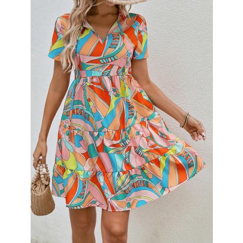 Size L/XL MUSUMI Women's Dress Allover Print Tie Neck Ruffle Hem Dress Beahala (Color : Orange,