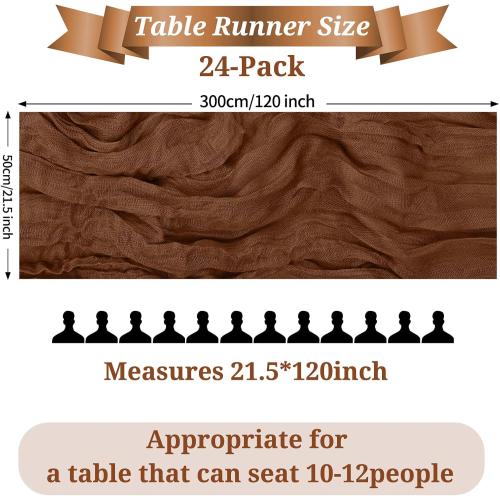 Pesonlook 24 Pack Cheesecloth Table Runner, 10FT Brown Table Runner Long Romantic Semi Sheer Rustic Boho Gauze Table Runners for Wedding Bridal Shower Birthday Party Decorations(21.5×120 Inch)