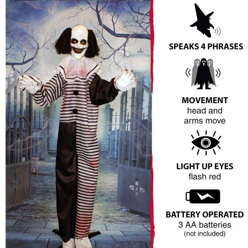 Haunted Hill Farm Scary Animatronic Talking Clown with Touch Activated Lights and Sounds, Indoor or Covered Outdoor Halloween Decorations for Home or Haunted House, Battery Operated Halloween Props