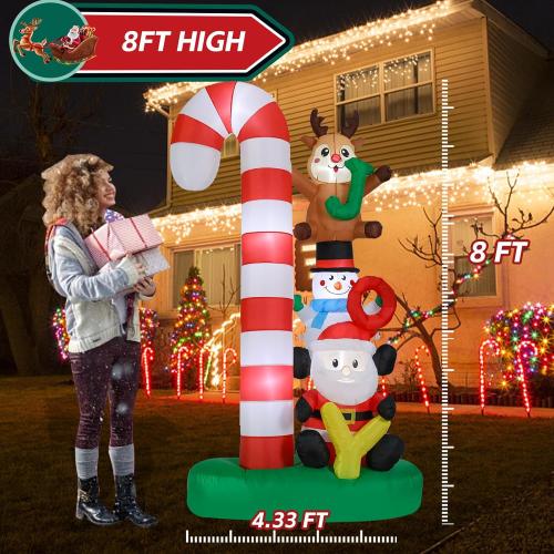 Christmas Inflatables Outdoor Decoration 8 FT Santa Claus Joy Reindeer Snowman Candy Cane Inflatable with LED Light Christmas Blow Up for Lawn Garden Holiday Party Yard Xmas Decor