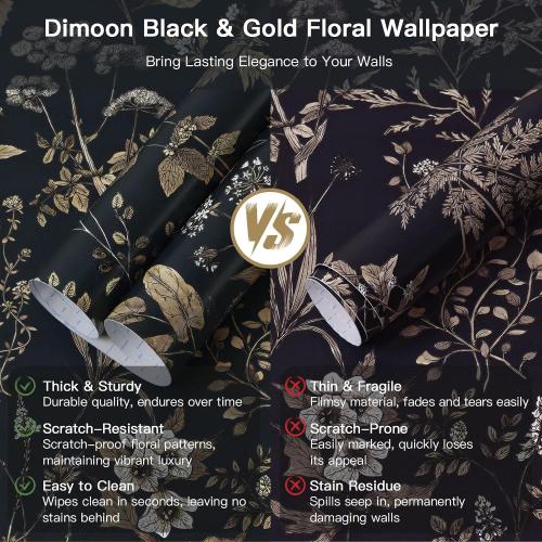 ‼️colors may vary‼️78.7x17.3 Vintage Wallpaper Boho Floral Peel and Stick Wallpaper Dark Black Gold Contact Paper Flower Removable Wall Paper Renter Friendly Stick on Kitchen Bathroom Self Adhesive Vinyl