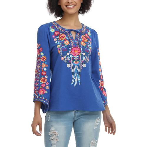 YZXDORWJ Women's Mexican Long Sleeve Blouse Embroidered Traditional V Neck Top Boho Tunic