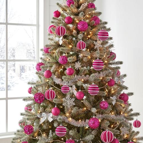 32 Pcs Christmas Hanging Balls - 3 Size Glitter Pearl & Sequin Xmas Tree Ornaments Pearl Balls for Thanksgiving Day Xmas Trees Wreath Garland Holiday Party(Hot Pink)