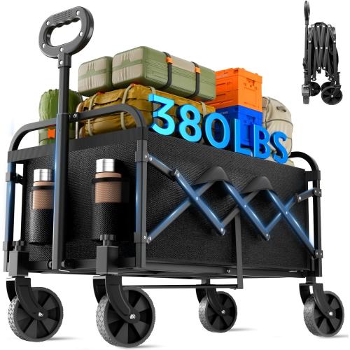 Collapsible Wagon 380 lbs, Heavy Duty Wagons Carts Foldable, Shopping Cart with All-Terrain Wheels & 2 Drink Holders, Weatherproof, Wagon Cart for Home, Outdoor,Beach,Camping, Sports, Black