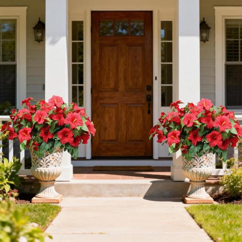 Artificial Outdoor Flowers UV Resistant Faux Petunias Silk Flower Faux Flowers Fake Plants for Garden Patio Window Box Home Porch Decor 4 Bundles (Red)