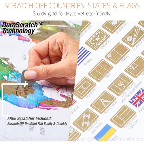 XL Scratch Off World Map with 196 Country Flags 36 x 24 Frameable Travel Map with Vibrant Colors and Premium Gold Coating, Beautiful Visited Places Tracker for Travelers, White