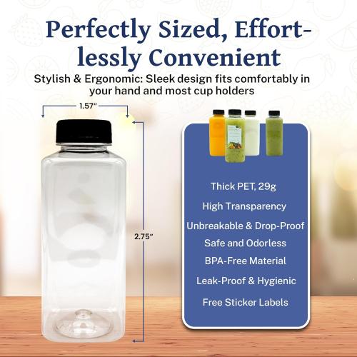 Holotap 42Pcs 16Oz Plastic Juice Bottles with Caps, Empty Plastic Bottles for Juicing,16Oz Juicing Containers with Tamper Evident Caps Ideal for Water and Other Beverages (Black, 16 OZ)