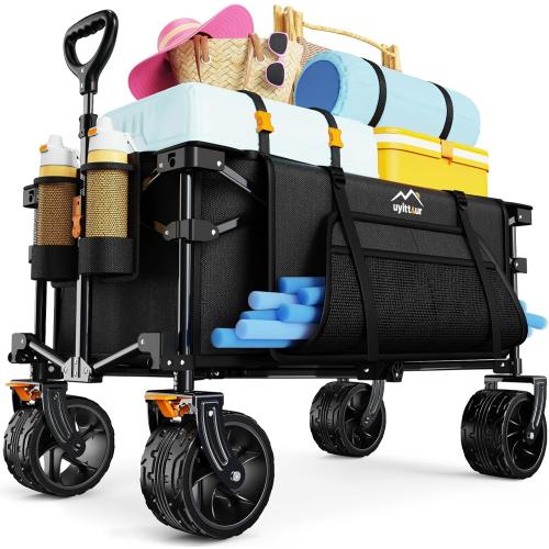 Collapsible Wagon Cart Heavy Duty Foldable, Folding Beach Wagon with Big Wheels for Sand, Utility Grocery Cart with Side Pocket and Brakes for Camping Sports Outdoor Activities, Black