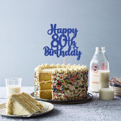 Gyufise 1Pc Happy 80th Birthday Cake Topper Glitter Cheers to 80 Years Old Birthday Cake Pick for Happy 80th Birthday Anniversary Party Cake Decorations Supplies Blue