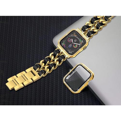 Mosonio Compatible  Apple Watch Band 46mm with Screen Protector Case Women, Jewelry Metal Chain with 2P Bling Case Cover for iWatch Series 11 10(Gold Link with Black Leather)