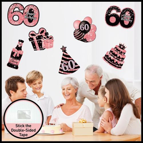 60th Birthday Decorations for Women - 7 Pcs Black & Pink 60th Birthday Yard Signs, 2 Pcs LED Lights, Sparkling at Night, Weatherproof, Perfect Happy Birthday Lawn Decorations for Women
