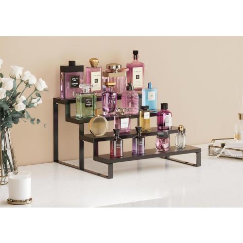 Wood Cologne Organizer for Men,12 Inch 4 Tier Cologne Stand Waterproof Perfume Organizer for Dresser with Anti-Slip Washers,Wooden Display Risers Stand for Party,Makeup,Figures,Cupcake,Perfume,Dessert