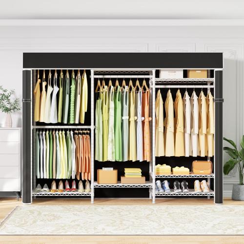 Ulif E13C Heavy Duty Closet Organizer System，Freestanding Clothing Racks for Hanging Clothes，Adjustable Garment Rack 63 W x 16 D x 77 H Hold 960 lbs，White Clothing Rack with Black Dustproof Cover