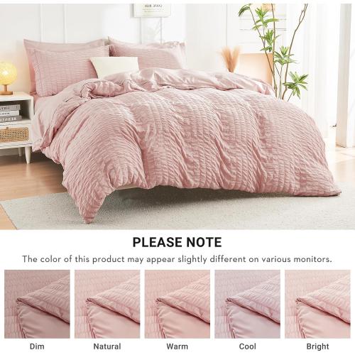 Light Pink Large Comforter Set Seersucker 7 Pieces, All Season Luxury Bed in a Bag for Bedroom, Bedding Set with Comforters, Sheets, Pillowcases & Shams