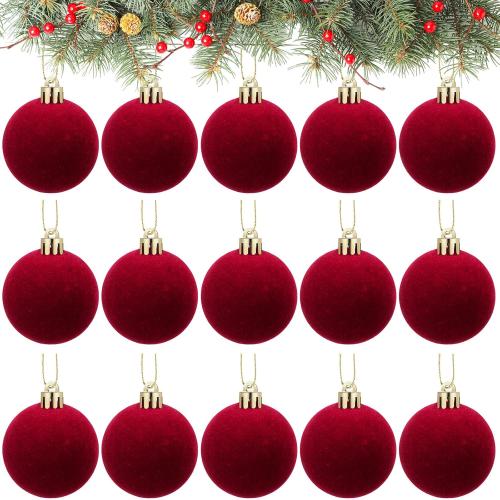 Menkxi 15 Pcs Christmas Velvet Balls 1.97 Flocked Christmas Hanging Ornaments Handmade Velvet Balls Xmas Tree Ornaments Xmas Tree Bulbs for Wedding Anniversary Party (Red)