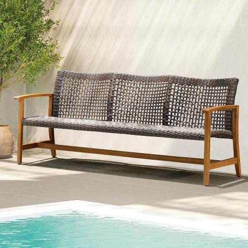 IDZO  3 Seater Patio Couch  Wicker, Teak Finish Furniture Set, Trinite Brown