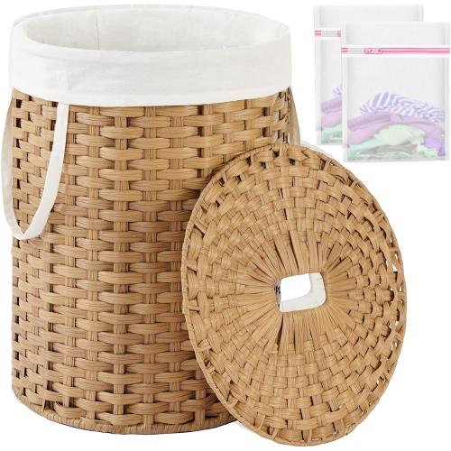 SETVSON Laundry Hamper with Lid 23.8 Gal (90 L) PE Rattan, Natural | 90L 23.8 Gal Round PE Rattan Hamper with Lid, Removable Washable Liner Bag, 2 Mesh Wash Bags, Steel Frame, Handles
