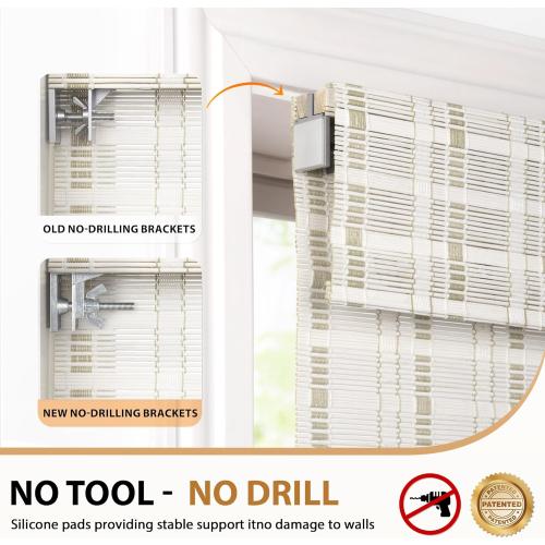 LazBlinds No Tools No Drill Cordless Bamboo Roman Shades, Light Filtering Window Treatment, Roll Up Bamboo Blinds for Window 39'' W x 64'' H, Whitewash B