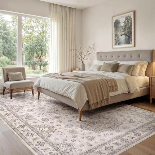 Washable Area Rugs for Living Room -9x12 Neutral Vintage Distressed Floral Farmhouse Boho Large Soft Floor Rug Indoor Non Slip Carpet for Living Room Bedroom Dining Room Office -Beige Brown