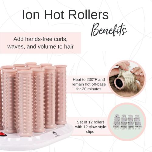 CALISTA Ion Hot Rollers for Short Hair | Hair Roller Clips Included | Heats to 230°F | Dual Voltage | Add Hands-Free Curls, Waves, and Volume (Pink Verbena, Short - 12)